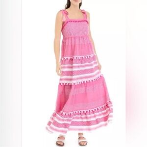 NWT crown & ivy Size L pink white print tiered maxi dress tassel & pom-pom trim